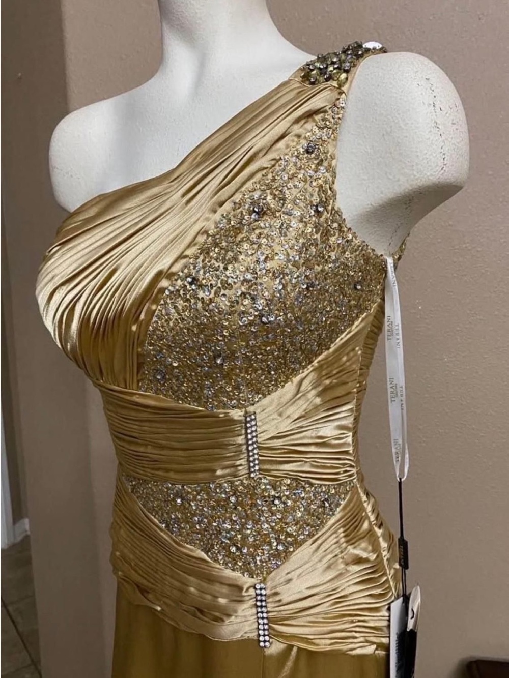 Terani Couture Gold One-Shoulder Embellished Evening Gown